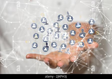 A 3D rendering of a group of floating people icons on a businessman's hand Stock Photo