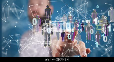 A 3D rendering of a businessman pointing at a group of people icons - communication concept Stock Photo