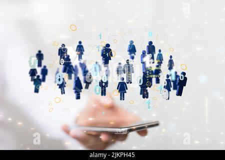 A 3D rendering of a group of floating people icons on a tablet  - communication concept Stock Photo