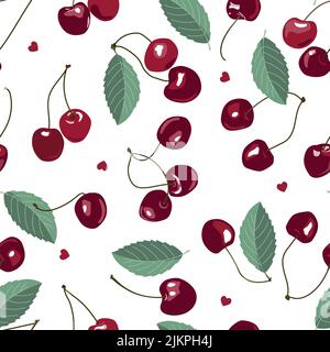 Cherry seamless pattern. Bunches of red, sweet and juicy berries with leaves and hearts. Texture for printing on fabric or product packaging. Cartoon Stock Vector