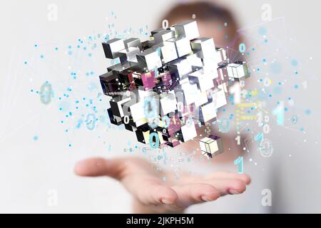 Augmented Analytics Data cloud storage network from lines, triangles and particle style design. Illustration Stock Photo