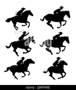 Set of Cowboys ride horses. Picture silhouette. Riders on horseback. Isolated on white background. Vector Stock Vector