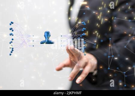 A closeup of a hand touching a 3D rendered human icon with dots and connections, hierarchy and management concept Stock Photo