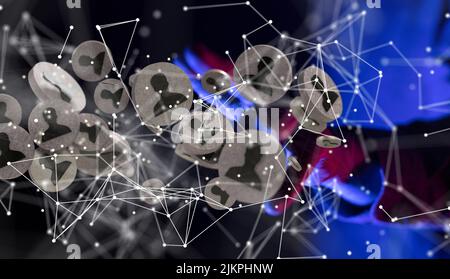 A hand touching 3D rendered human icons in a constellation, a digital networking and data concept Stock Photo