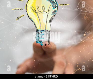 A closeup of a hand touching a 3D rendered lamp idea, creativity and innovation concept Stock Photo