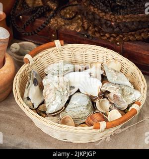 Ancient Roman cosmetics, retro perfume and vintage bath accessories. Reconstruction of events in the thermae of the Roman Empire Stock Photo