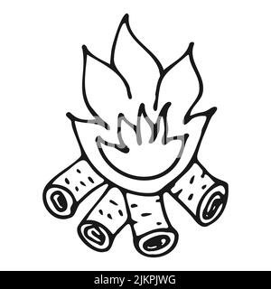 Burning bonfire with firewood in doodle style. Flame, fire hand drawn black outline on a white background.Vector illustration. Stock Vector