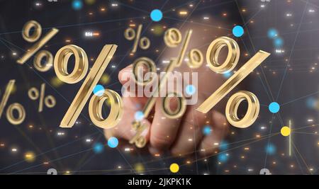 A person presenting the virtual projection of percent signs - sale or discount concept Stock Photo