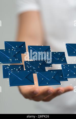 3D rendering of floating email icons between hands Stock Photo - Alamy