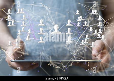 A 3D rendering of a group of floating people icons on a tablet  - communication concept Stock Photo