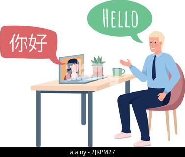 Videoconference interpreter with chinese partner semi flat color vector characters Stock Vector