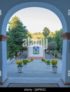 La Codosera, Spain - August 21th, 2021: Sanctuary of Our Lady of Chandavila. Exit arch Stock Photo