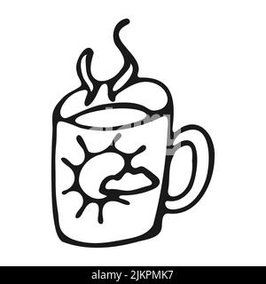 Cup with hot drink in doodle style. Hand drawn mug of hot coffee or tea with steam. Black outline of a mug of hot chocolate on a white background Stock Vector