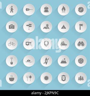 camping vector icons on round puffy paper circles with transparent shadows on blue background. Stock vector icons for web, mobile and user interface d Stock Vector