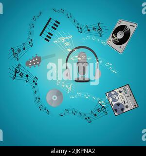 Studio table microphone with headphones musical notes, treble clef and staff, musical instruments and vintage audio machines Stock Vector