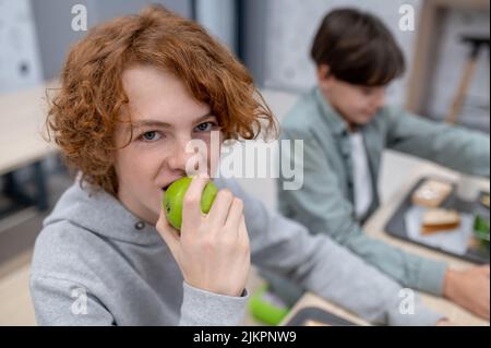 Two school boys having lunch in a school canteen Stock Photo