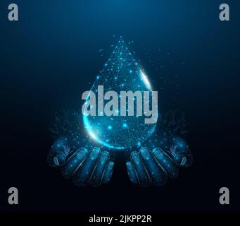 Two human hands are holds water drop. Wireframe glowing low poly design on dark blue background. Abstract futuristic vector illustration. Stock Vector