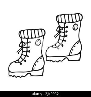 A pair of doodle-style hiking boots. Shoes hand drawn black outline on a white background. Vector illustration. Stock Vector