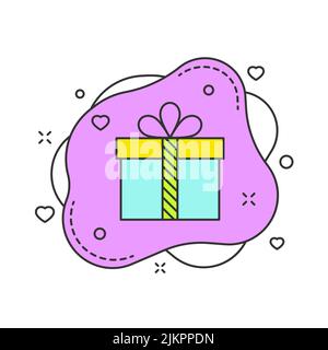 Gift box on purple fluid bubble shape color vector illustration isolated on white background. Gift with ribbon and decorations around. For web and pro Stock Vector