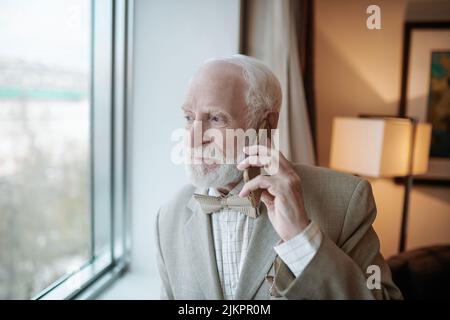 Senior businessman talking on the phone and looking serious Stock Photo