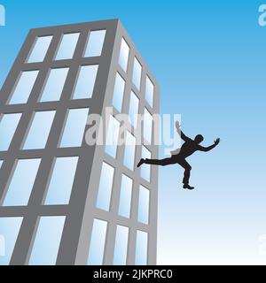 Businessman jumps from tall building. Vector illustration of a man falling from skyscraper to his death. Stock Vector