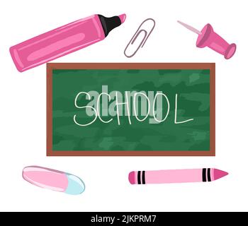Vector Inscription Back To School on chalkboard with school supplies. Stock Vector