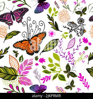 Flower background with butterflies. Seamless pattern blue flowers. Vector illustration Stock Vector