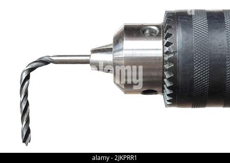 The bent drill bit in hand drilling-machine, close up view Stock Photo