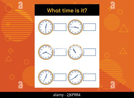 Learning time. Educational activities worksheet for kids. What time is it? Stock Vector