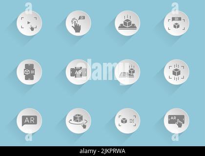 Augmented reality vector icons on round puffy paper circles with transparent shadows on blue background. Stock vector icons for web, mobile and user i Stock Vector