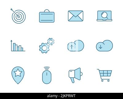Seo flat vector icons in two colors isolated on white background. Seo blue icon set for web design, ui, mobile apps and print Stock Vector