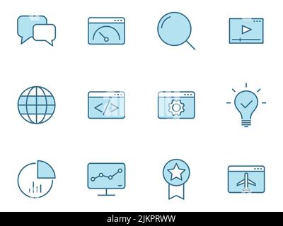 Seo flat vector icons in two colors isolated on white background. Seo blue icon set for web design, ui, mobile apps and print Stock Vector