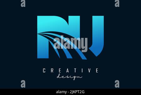 Creative blue letter RU R U logo with leading lines and road concept design. Letters with geometric design. Vector Illustration with letter and creati Stock Vector