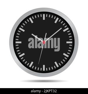 Flat design illustration of a dark wall clock. Circular clock face with minute, hour and second hand - vector Stock Vector