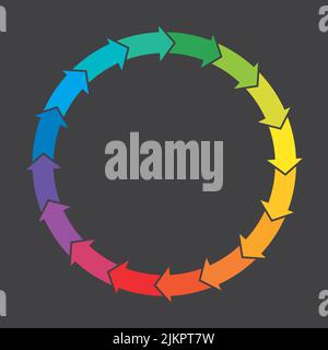 Rainbow colored circle of arrows badge or icon. Vector illustration of arrows in a circle creating infinite movement to symbolize recycling, rebirth, Stock Vector
