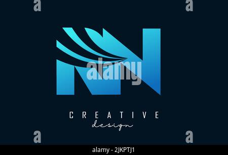 Creative blue letter RN R N logo with leading lines and road concept design. Letters with geometric design. Vector Illustration with letter and creati Stock Vector