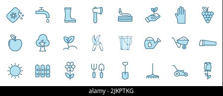garden flat vector icons in two colors isolated on white background. gardening blue icon set for web design, ui, mobile apps and print Stock Vector
