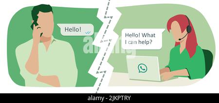 Customer Service. Two people talking on the phone. A man and a woman in different places having a call through WhatsApp. Stock Vector