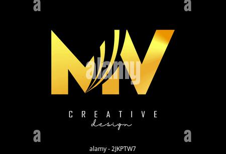 Creative golden letter MV m v logo with leading lines and road concept design. Letters with geometric design. Vector Illustration with letter and crea Stock Vector
