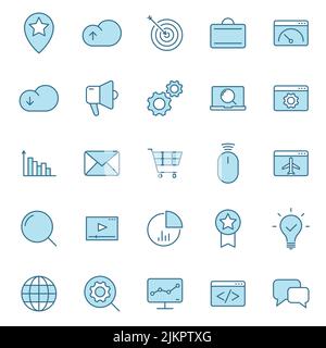 Seo flat vector icons in two colors isolated on white background. Seo blue icon set for web design, ui, mobile apps and print Stock Vector