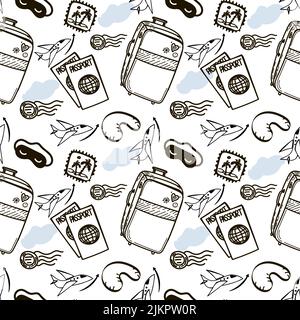 Seamless pattern of travel items, hand-drawn in sketch style. Large suitcase, stamp with palm trees, passports, sleep mask and neck pillow. Luggage. A Stock Vector