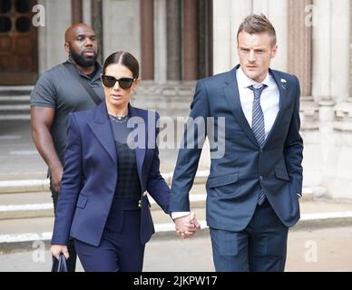 File photo dated 17/5/2022 of Rebekah and Jamie Vardy leaving the Royal Courts Of Justice, London. Rebekah Vardy believes she is suffering from post-traumatic stress disorder after losing the so-called 'Wagatha Christie' legal battle against Coleen Rooney, adding that she had been taken to hospital twice since the episode began. The wife of Leicester striker Jamie Vardy said she felt as though her life was 'falling apart' and she was exhausted 'physically, emotionally and mentally'. Issue date: Wednesday August 3, 2022. Stock Photo