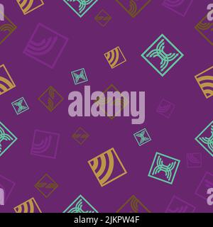 A repeating pattern vector design illustration with geometric tech shapes . colors include purple, blue and yellow. Stock Vector