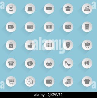 Black friday vector icons on round puffy paper circles with transparent shadows on blue background. Stock vector icons for web, mobile and user interf Stock Vector