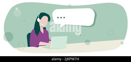 Call center woman working and talking on the phone while typing on the computer. Customer support. Contact us concept. Vector illustration template. Stock Vector