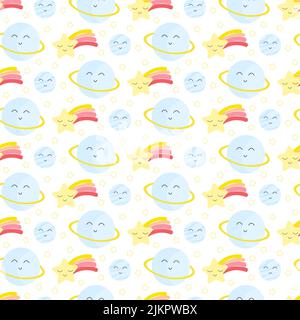 Pattern with saturn and flying comets. Heavenly kawaii seamless pattern collection. Vector drawing on a white background. Use for interior, birthday a Stock Vector