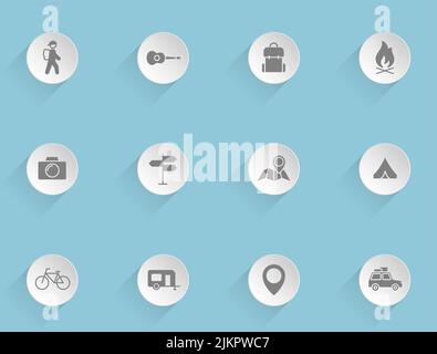 camping vector icons on round puffy paper circles with transparent shadows on blue background. Stock vector icons for web, mobile and user interface d Stock Vector