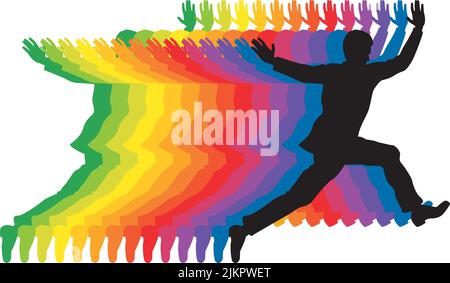 Man leaps forward leaving multi-colored rainbow trail. Colorful vector illustration of leaping man in silhouette. Stock Vector