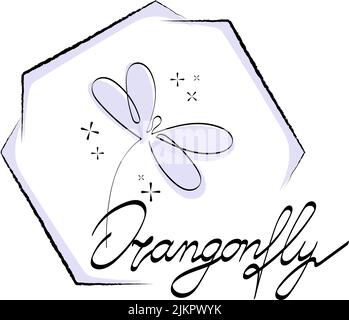 Stylized hand-drawn dragonfly lettering. Logo. Hand-drawn inscription. Vector. Single-line drawing. Black and white image. Dragonfly. Insect. Suitable Stock Vector