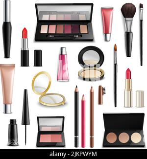 Makeup cosmetics beauty case accessories realistic items collection with lip gloss compact powder and eyeliner isolated vector illustrations Stock Vector